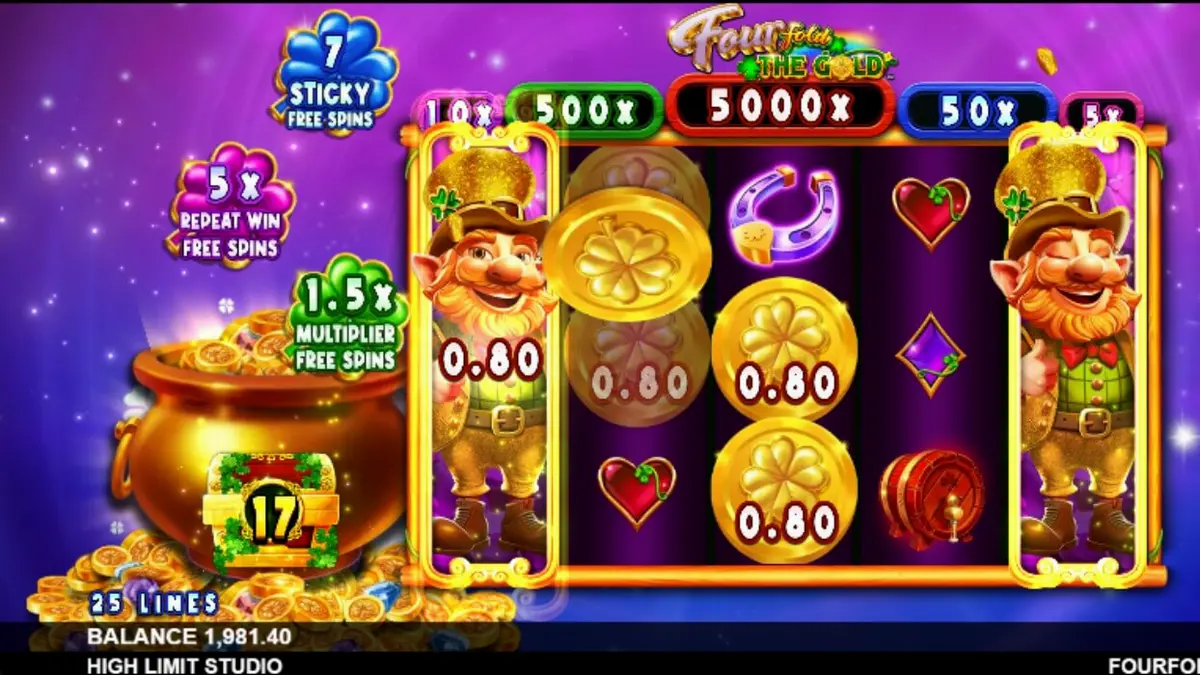 Interface do slot Fourfold the Gold com tema espacial e irlandês