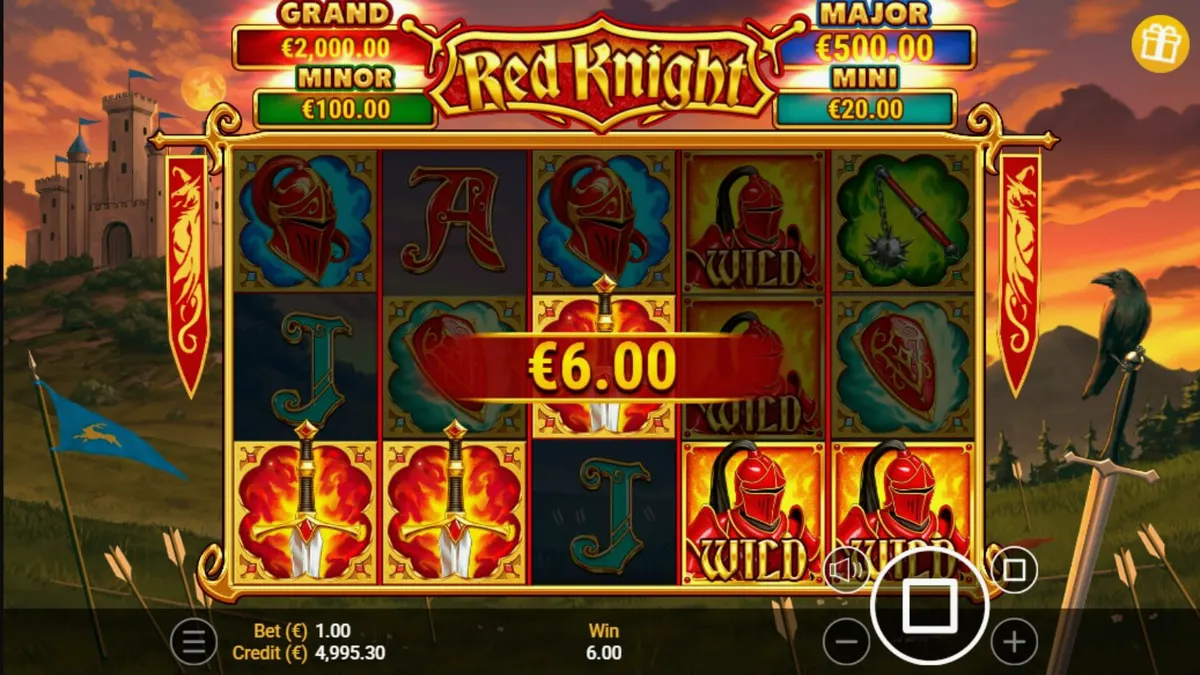Interface de jogo do slot Red Knight com temática medieval e chamas