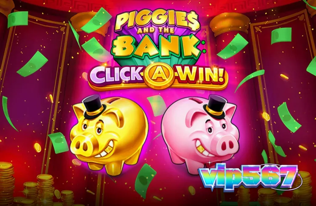 Porquinho elegante de cartola em um cenário de luxo no jogo Piggies and the Bank: Click-A-Win
